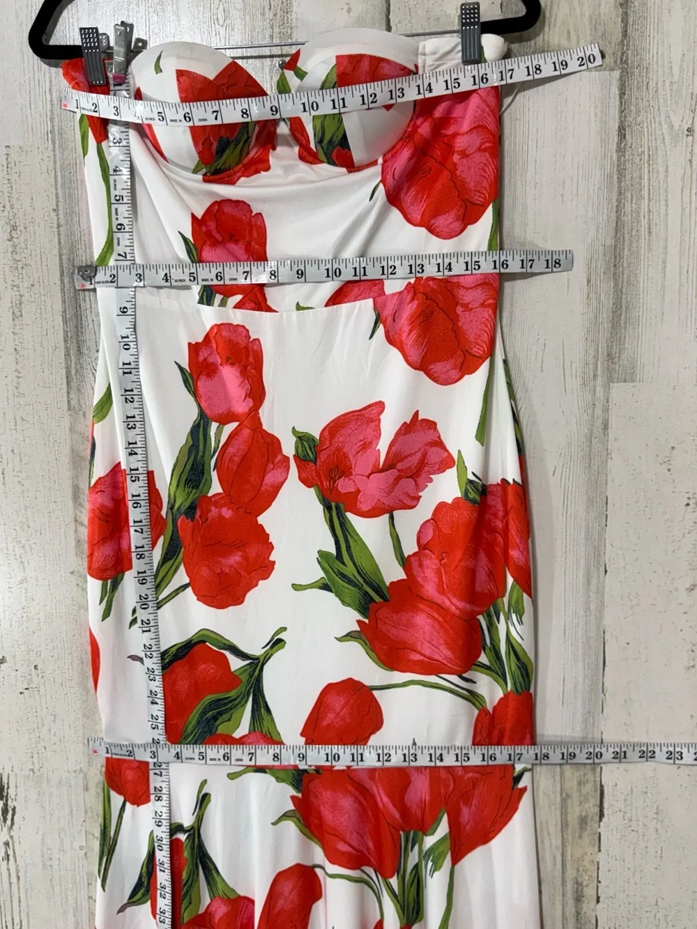 Strapless Mermaid Style Dress with Red Floral Print and Fitted Bodice